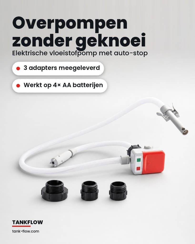 Tankflow pomp met 3 adapters, studio — overpompen zonder geknoei